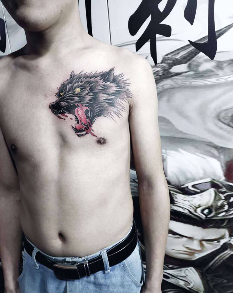 滴血狼头纹身图片_胸部纹身图案