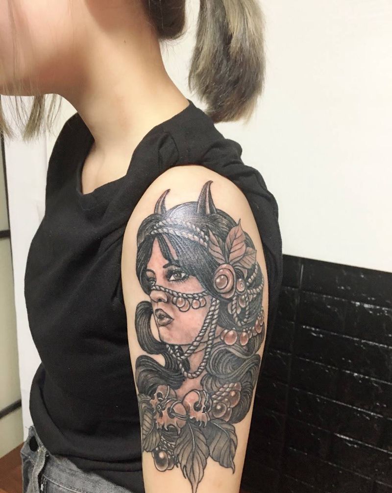 小妖纹身图片_成品手臂欧美人物纹身图案