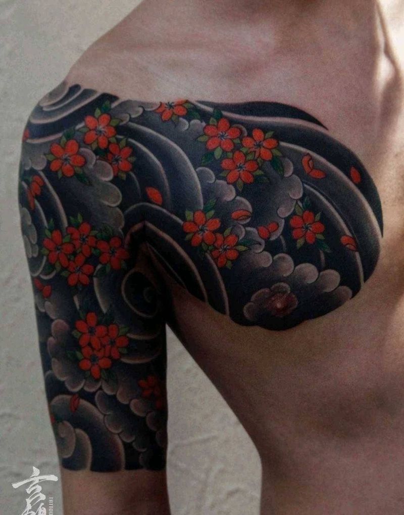 樱花臂纹身图片_手臂老传统樱花 泡泡云纹身图案