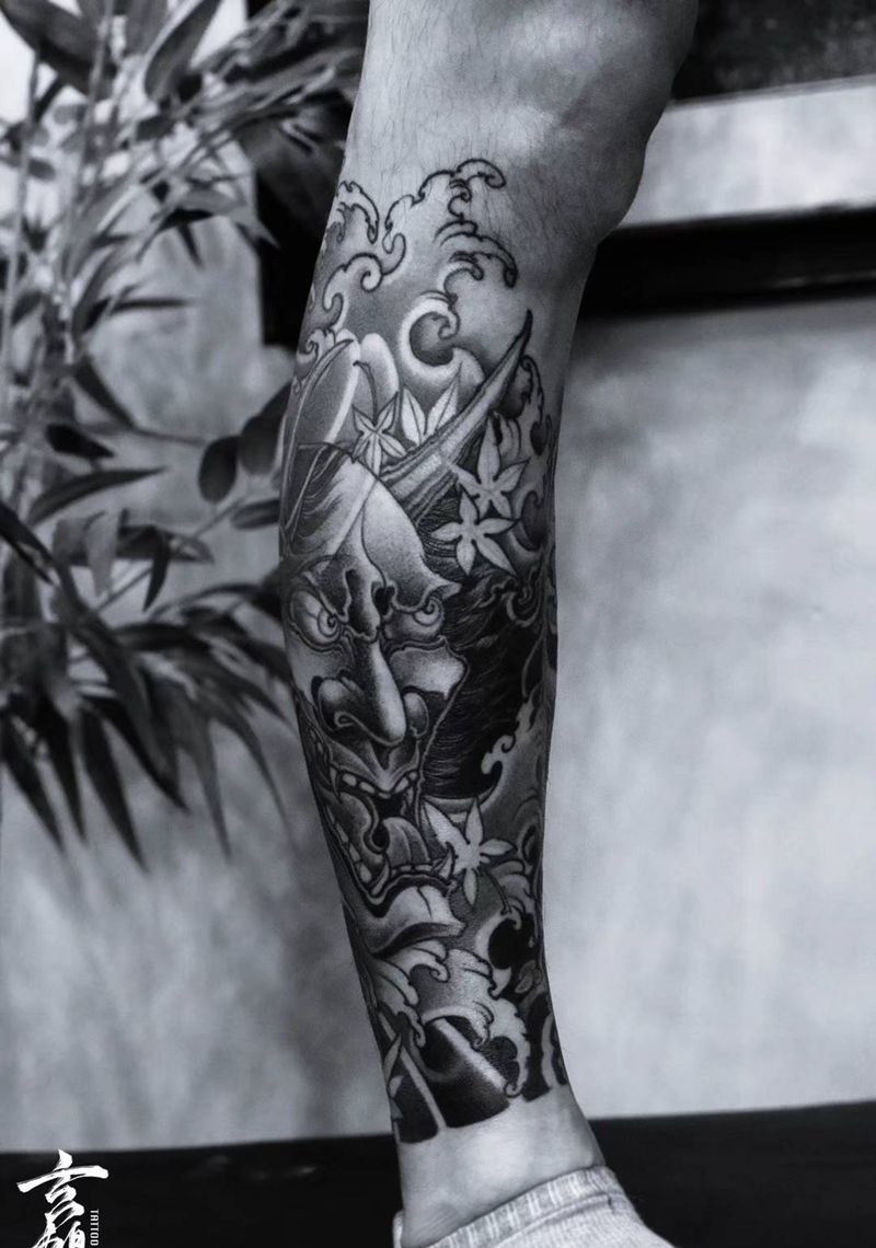 般若纹身图片_腿部新传统般若 水浪纹身图案