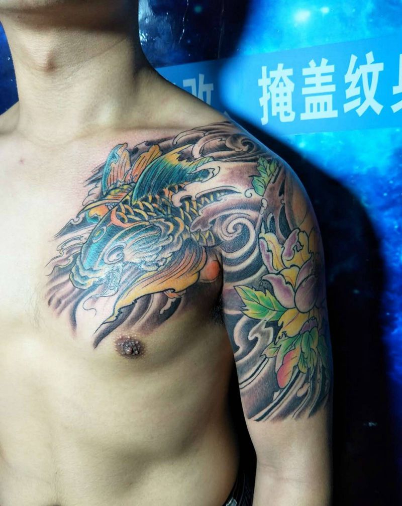 半甲纹身图片_胸部肩部新传统纹身图案