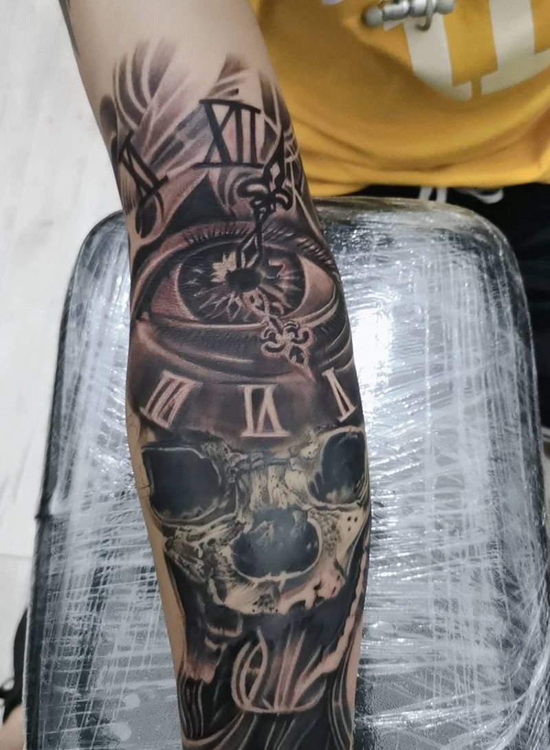 骷髅 眼睛未完纹身图片_手臂欧美写实纹身图案