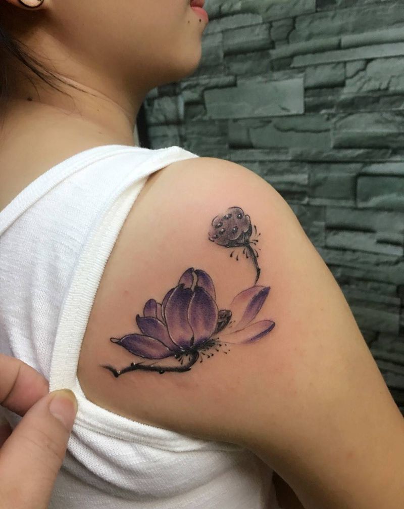 莲纹身图片_成品肩部植物纹身图案