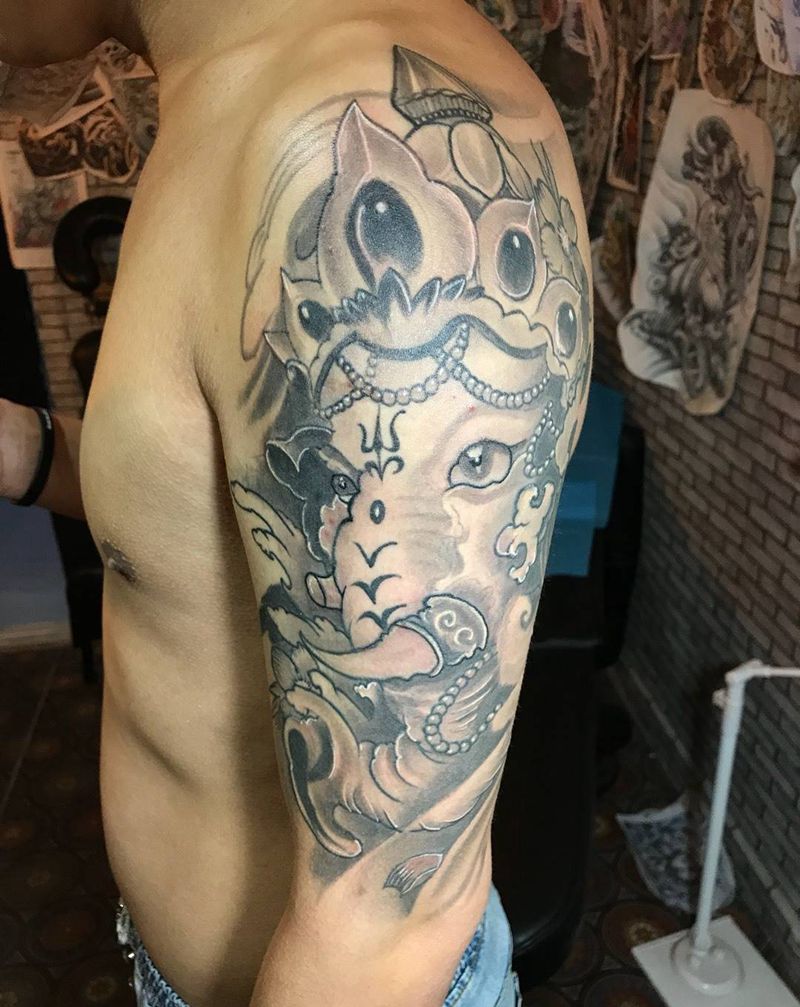 象神纹身图片_成品肩部手臂传统鬼神动物纹身图案