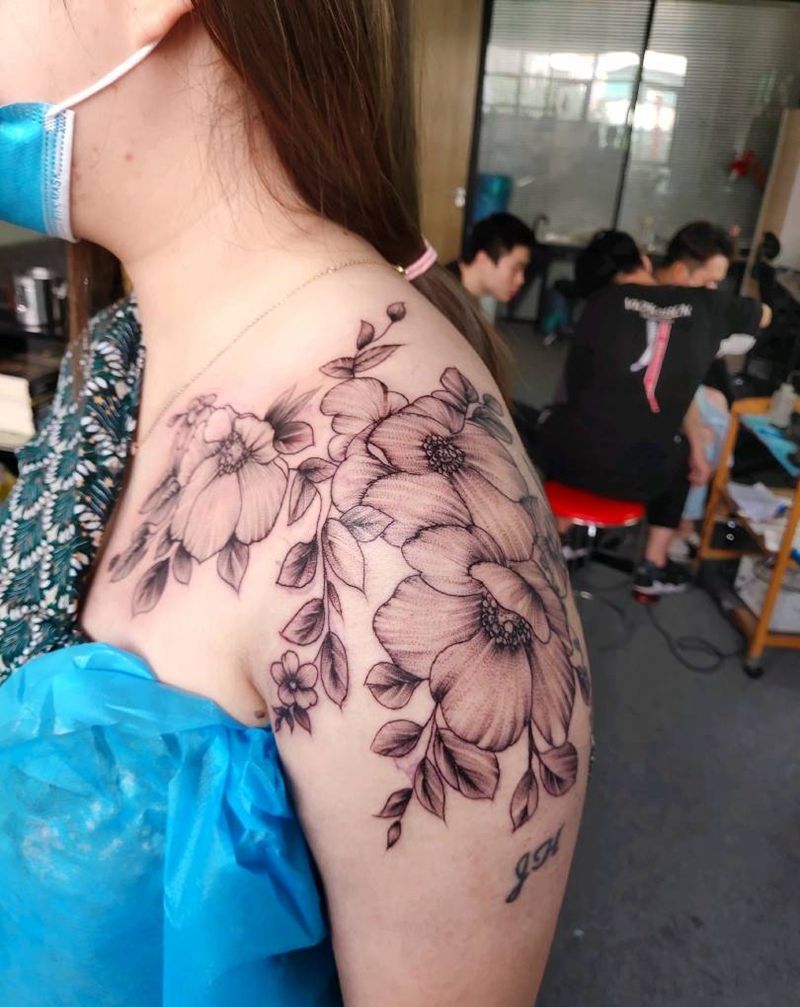 素花纹身图片_肩部胸部点刺纹身图案