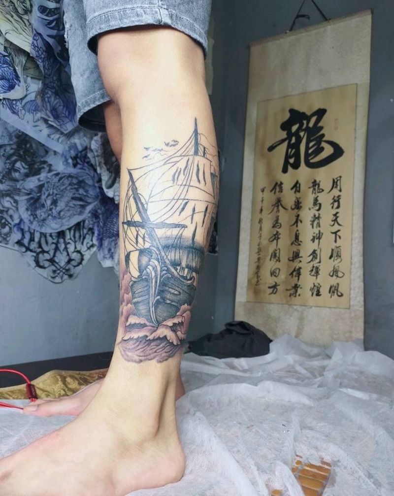 帆船作品，（未完成）纹身图片_腿部New School纹身图案