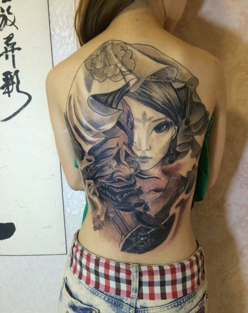艺妓般若纹身图片_成品背部传统人物鬼神纹身图案