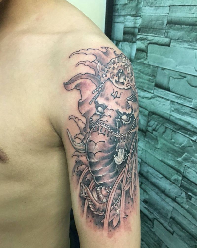 小象纹身图片_成品手臂传统动物纹身图案