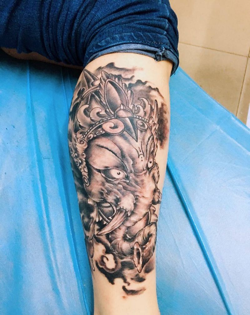 象纹身图片_成品腿部传统鬼神纹身图案