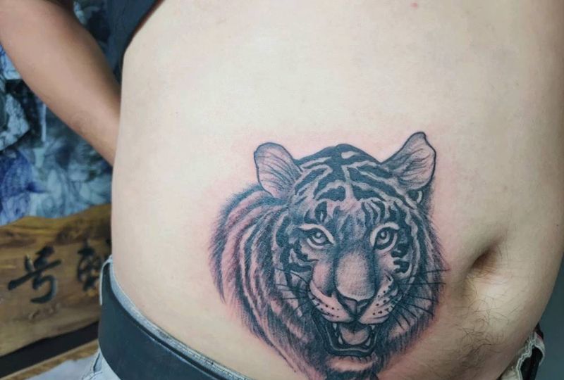 男的，肚子上（老虎头）纹身图片_腹部新传统纹身图案
