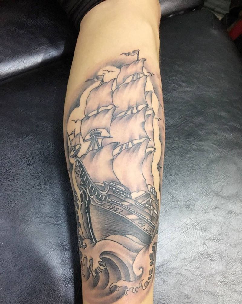 帆船纹身图片_成品腿部静物纹身图案