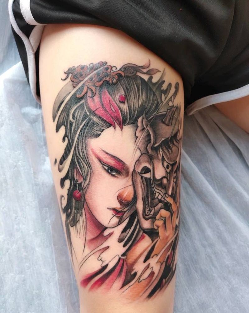 艺伎般若纹身图片_腿部新传统纹身图案