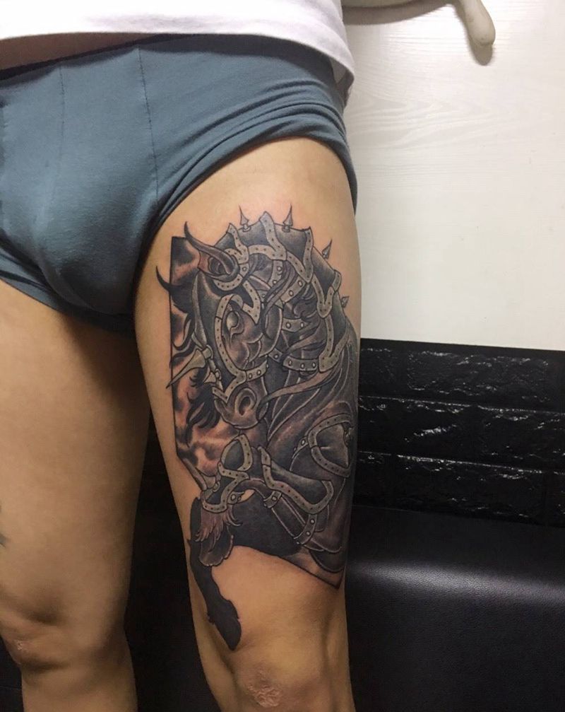 战马纹身图片_腿部新传统纹身图案