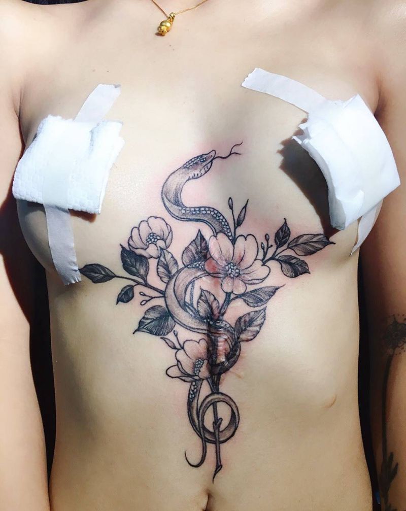 盖疤痕纹身图片_胸部新传统纹身图案