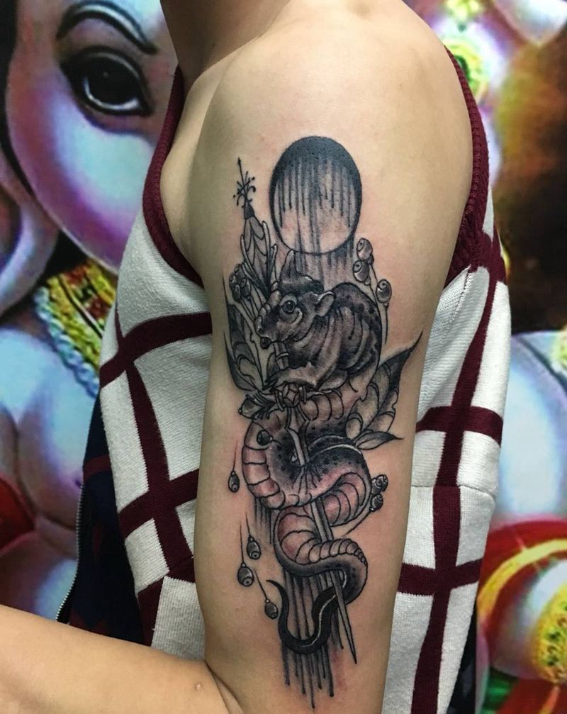 鼠蛇纹身图片_成品手臂动物纹身图案