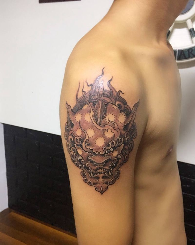 狮头纹身图片_手臂新传统纹身图案