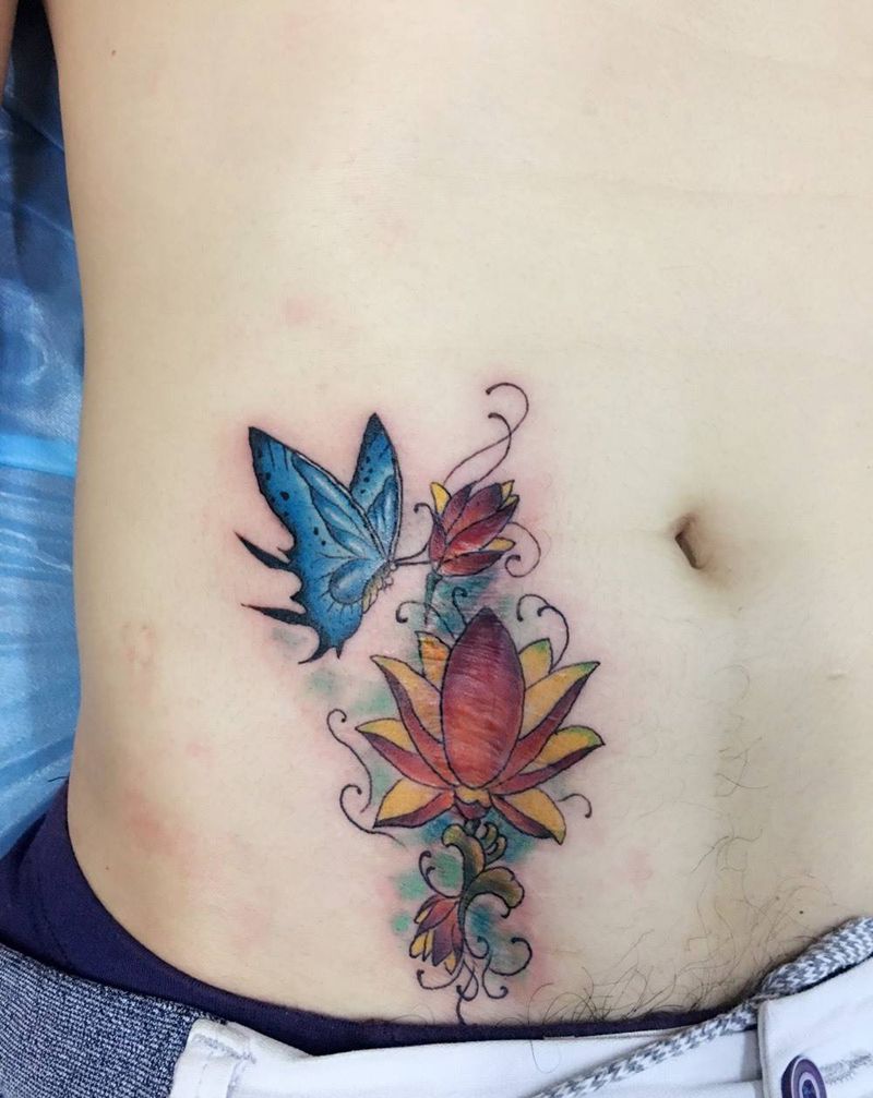 盖疤痕纹身图片_成品腹部传统植物纹身图案