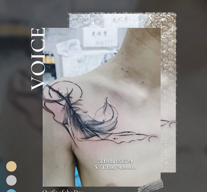 羽毛纹身图片_肩部点刺纹身图案