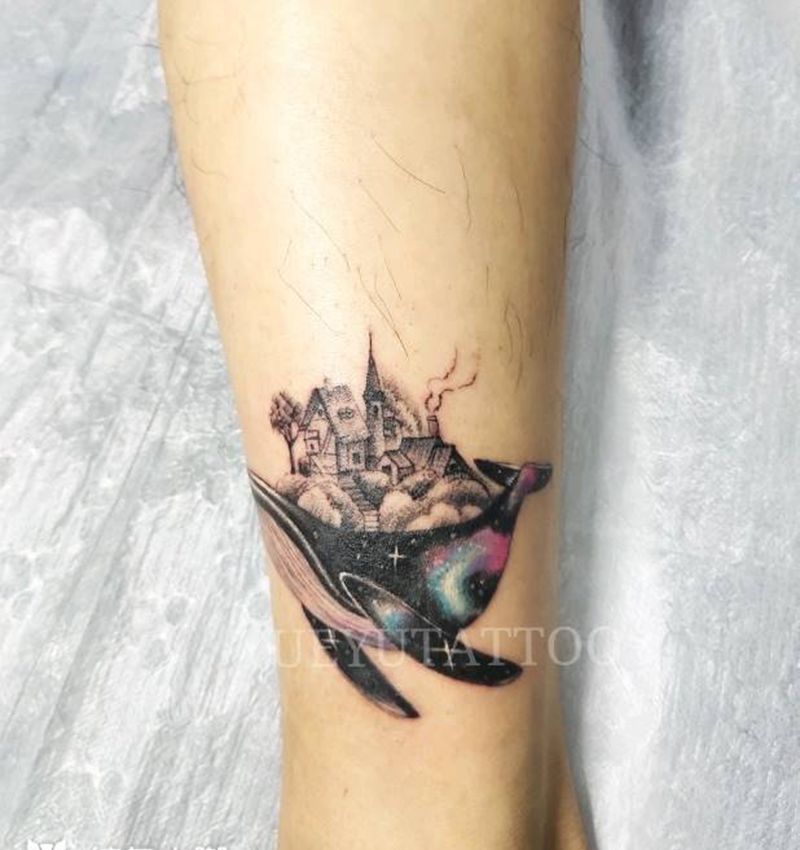 海豚纹身图片_腿部水墨点刺纹身图案