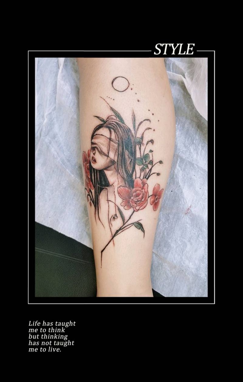 女性纹身图片_腿部水彩纹身图案