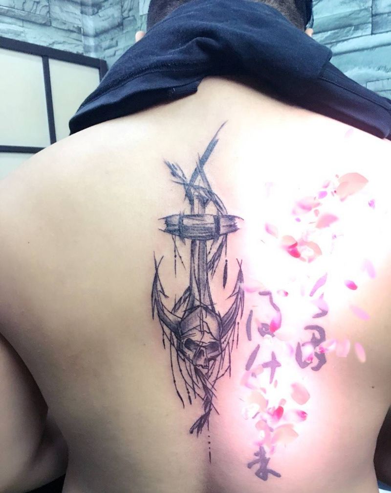 船锚纹身图片_成品背部清新纹身图案