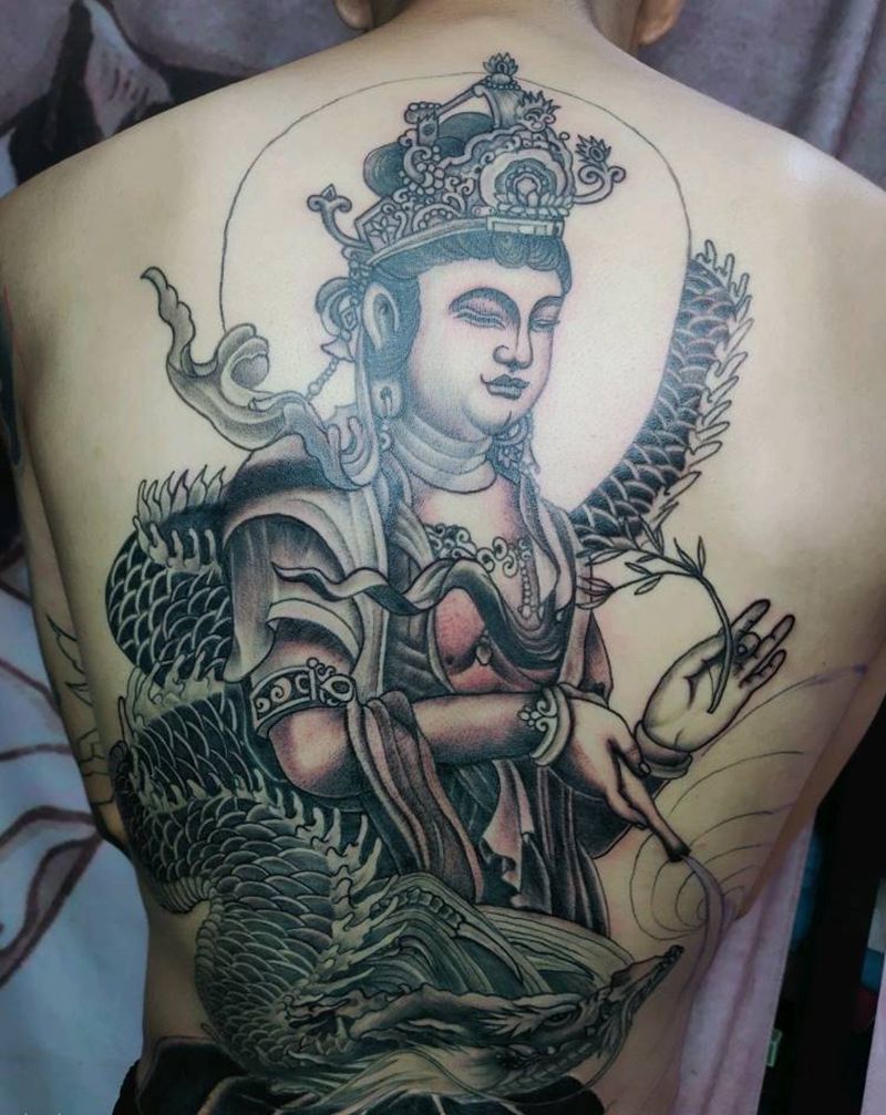 男士后背（观音）纹身图片_背部新传统纹身图案
