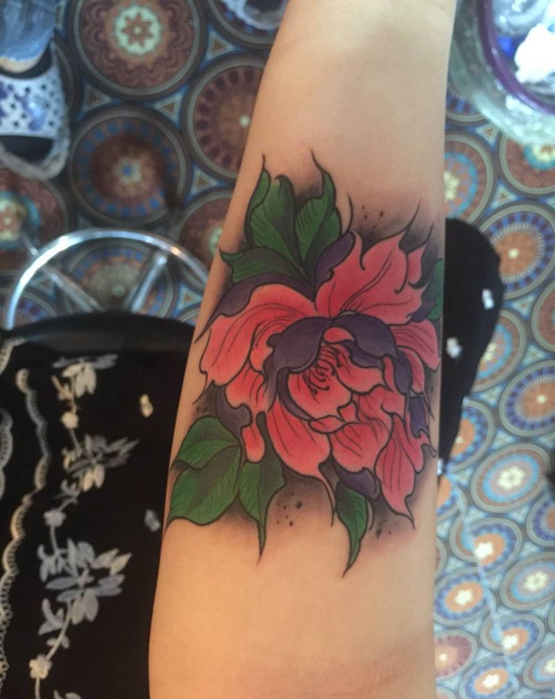 牡丹纹身图片_成品手臂传统植物纹身图案