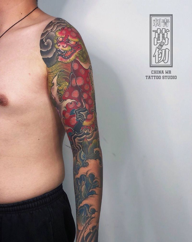 唐狮子纹身图片_手臂新传统纹身图案