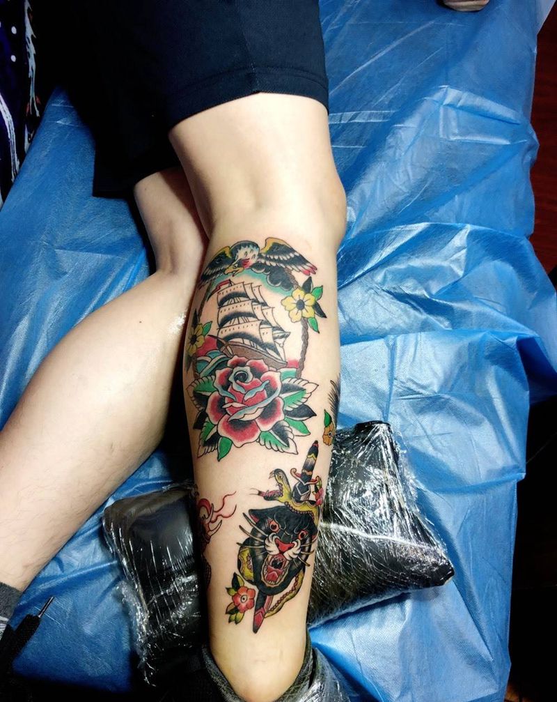 拼接纹身图片_Old School纹身图案