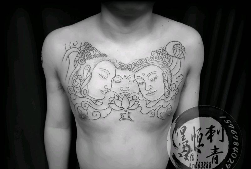 三面佛未完成纹身图片_胸部背部新传统纹身图案