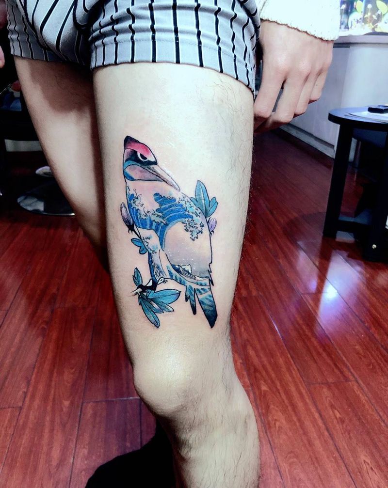 遮盖 鹤纹身图片_腿部新传统Old School鹤纹身图案