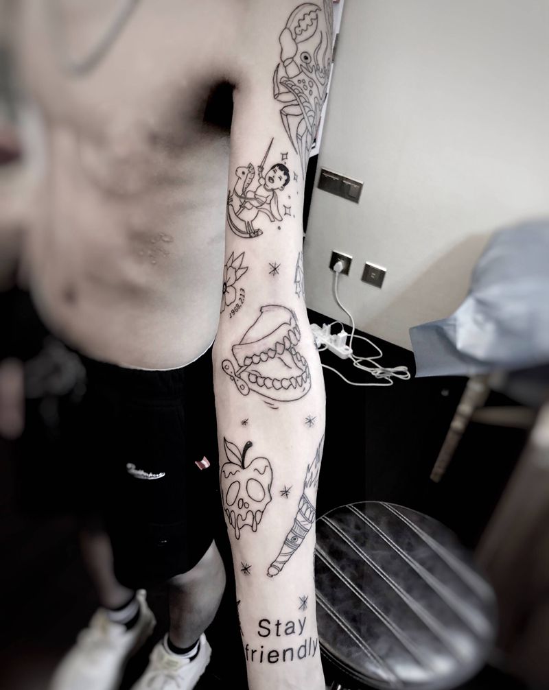 拼接花臂 恢复后上色纹身图片_Old School纹身图案