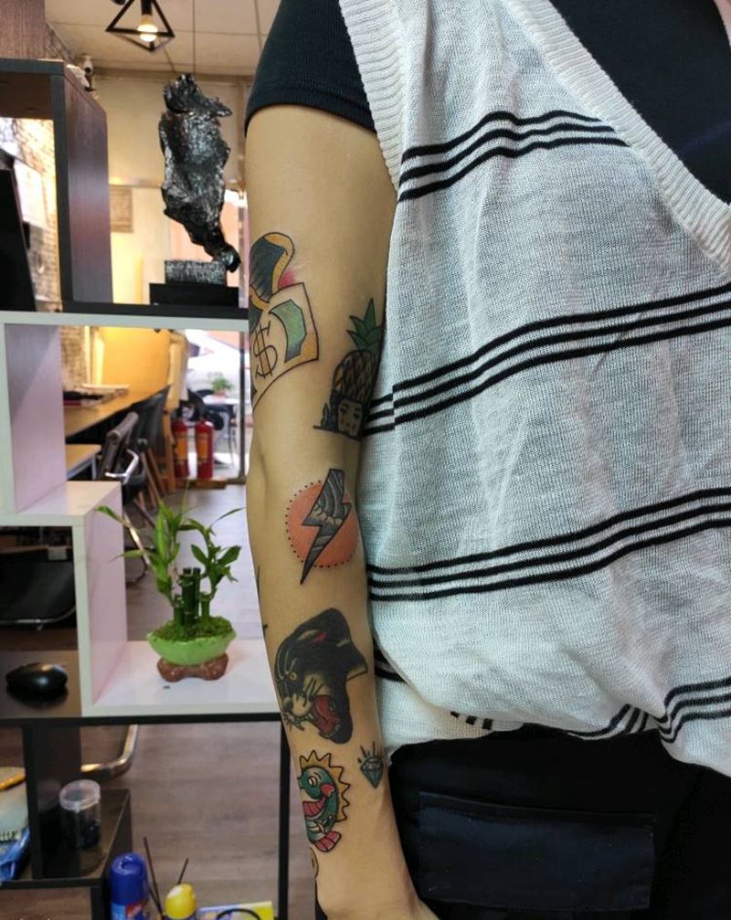 拼接继续纹身图片_手臂Old School纹身图案