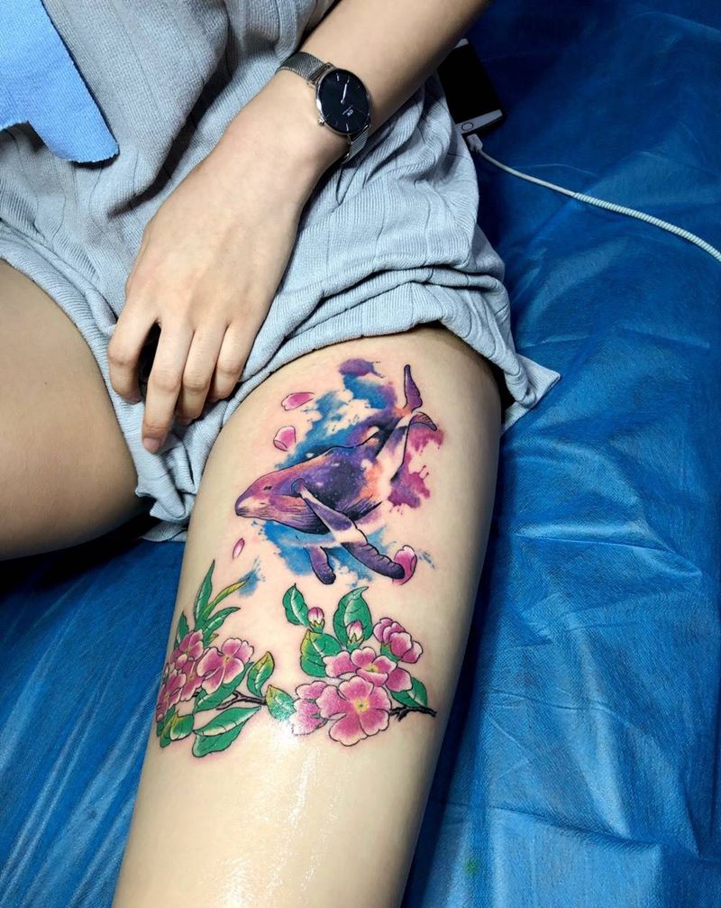 大鱼海棠纹身图片_腿部水彩新传统纹身图案