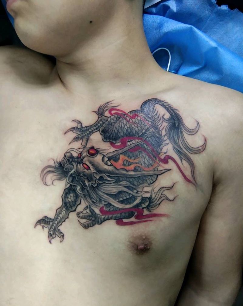 貔犰纹身图片_胸部纹身图案