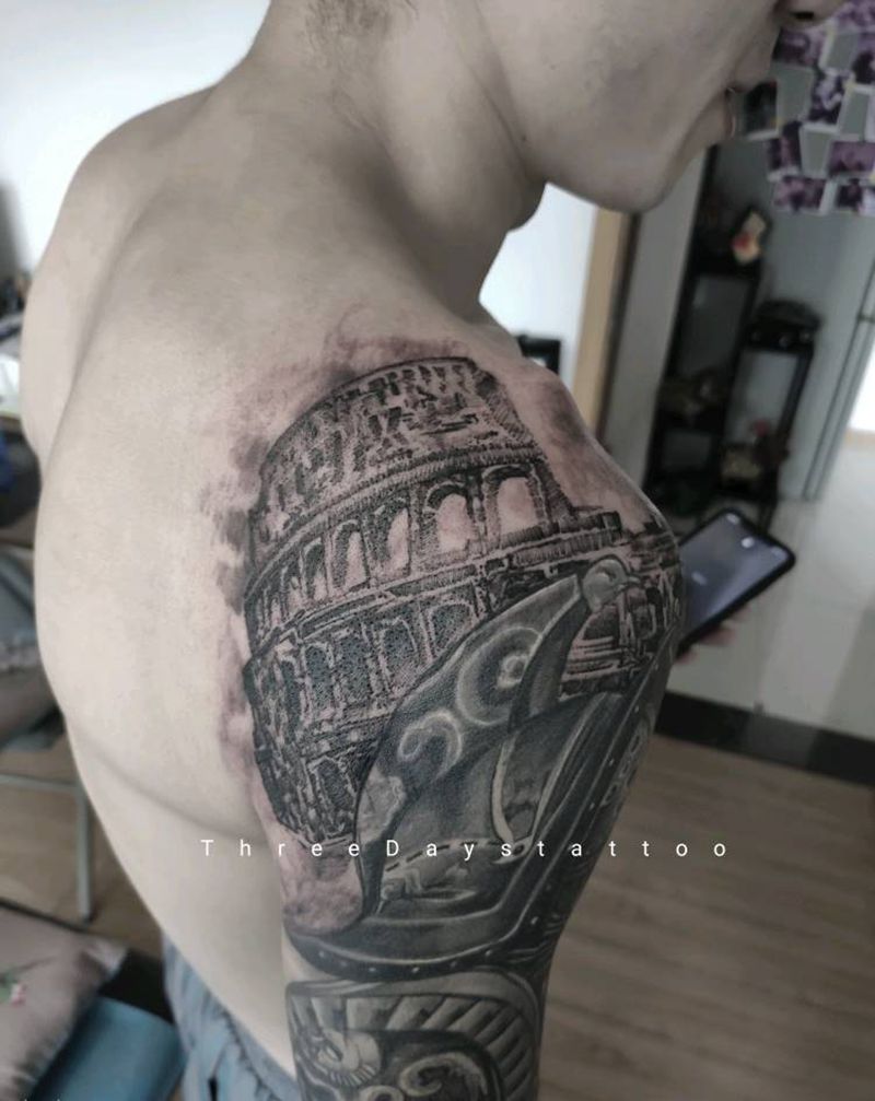 罗马竞技场 角斗士纹身图片_手臂欧美写实纹身图案