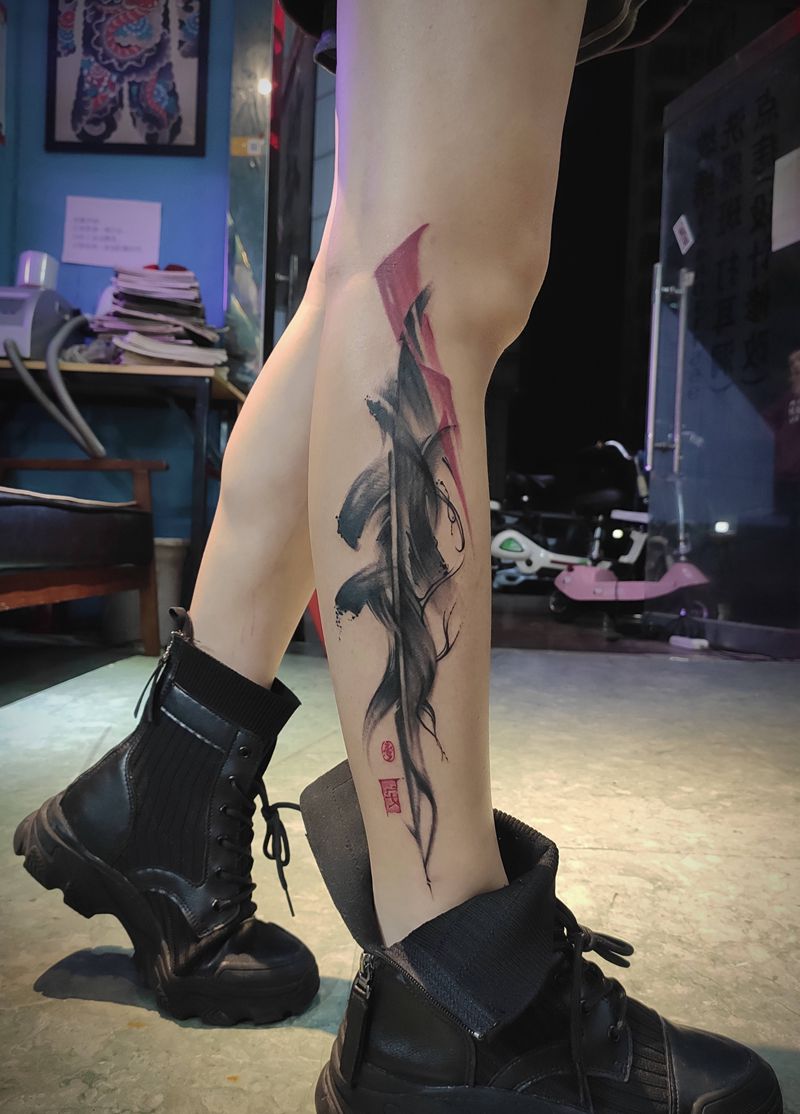 书法作品 安纹身图片_腿部水墨纹身图案