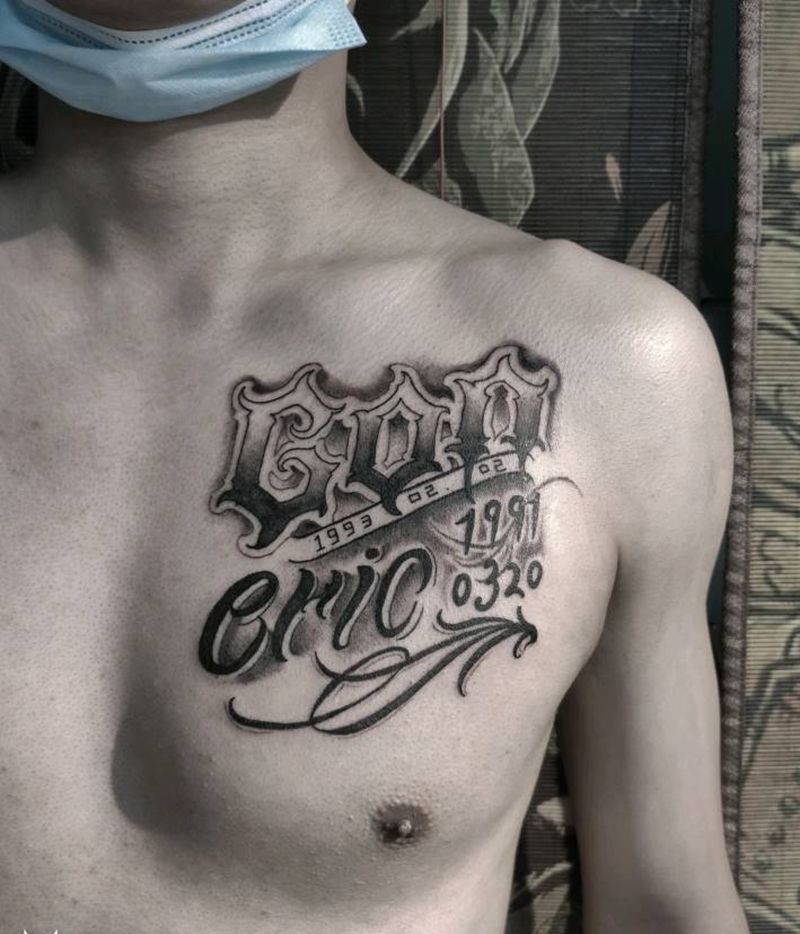 花体英文纹身图片_胸部花体字纹身图案