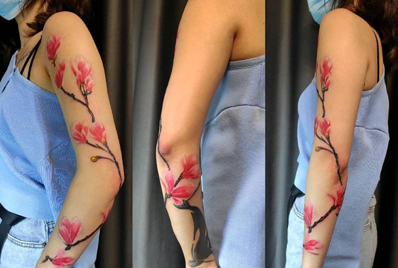 木兰花纹身图片_手臂水彩纹身图案