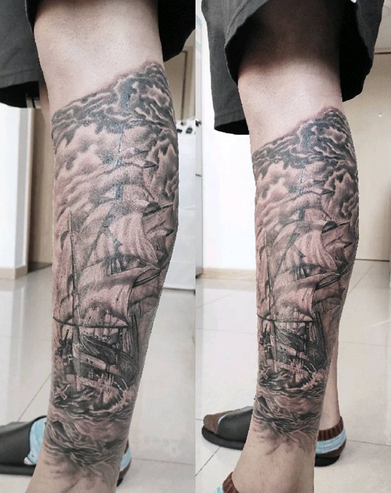 乘风破浪纹身图片_腿部欧美写实纹身图案