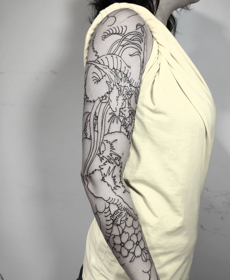 龙花臂第一次线条纹身图片_手臂老传统纹身图案