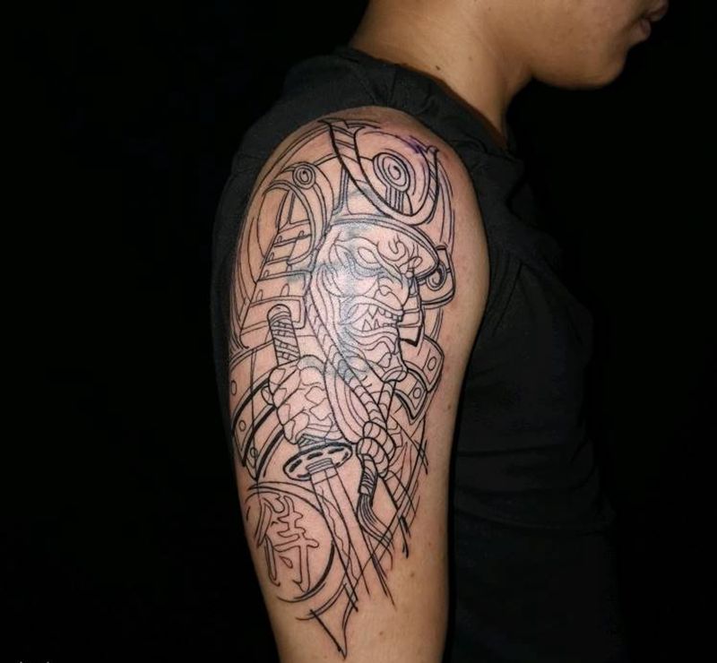 鬼武士遮盖 未完纹身图片_手臂新传统纹身图案