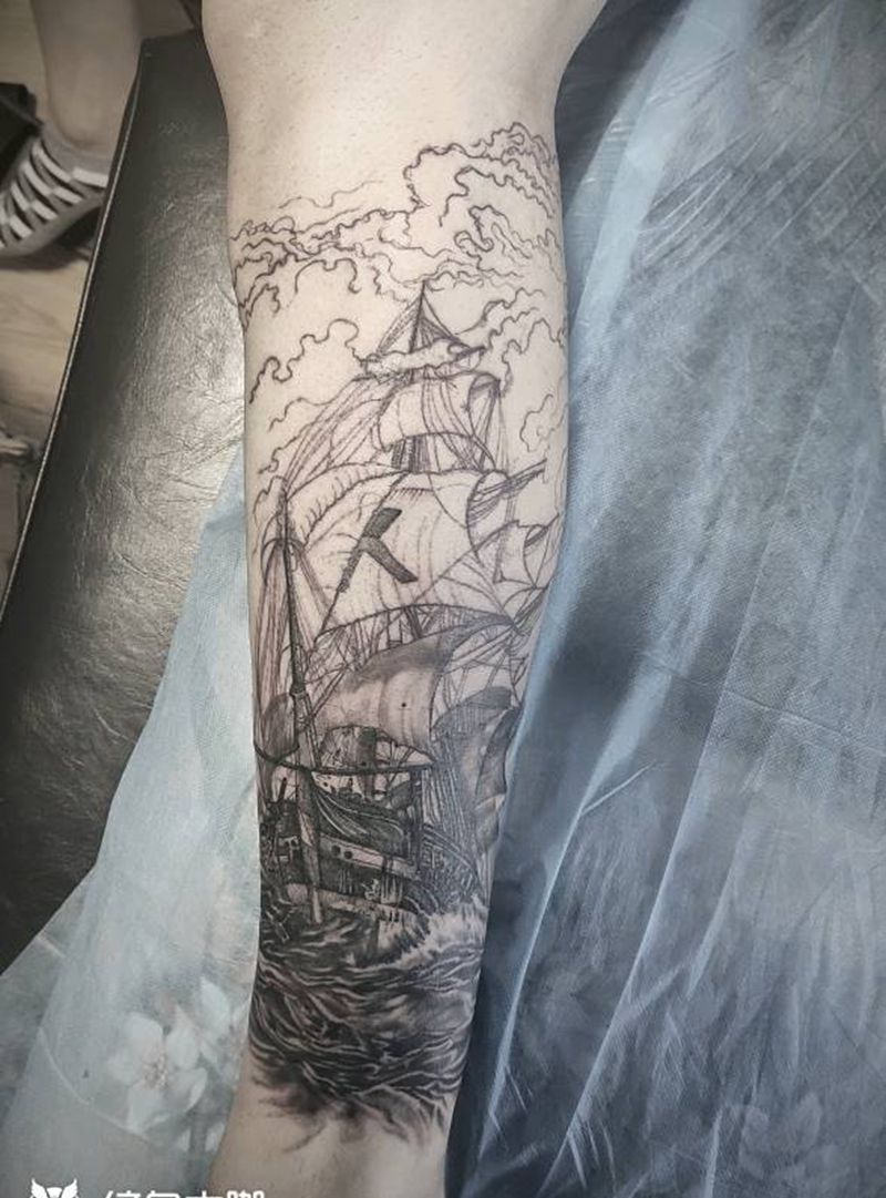 乘风破浪进度中纹身图片_腿部欧美写实纹身图案