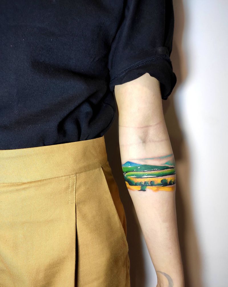油画风景纹身图片_手臂水彩纹身图案