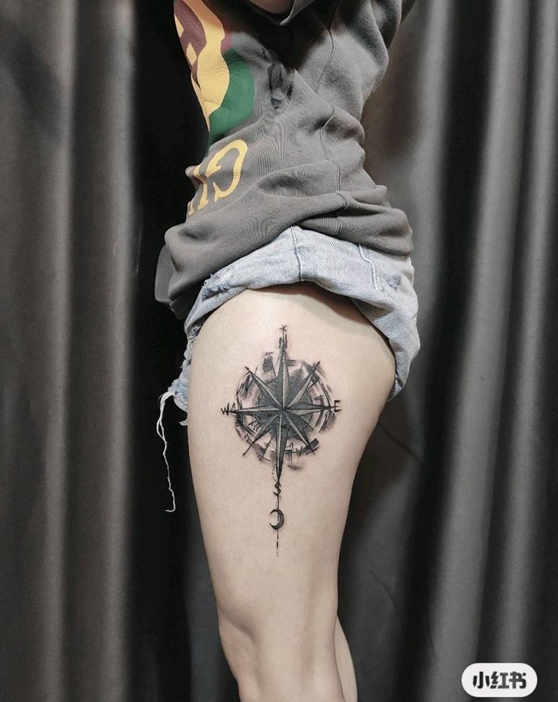 指南针纹身图片_臀部水墨纹身图案