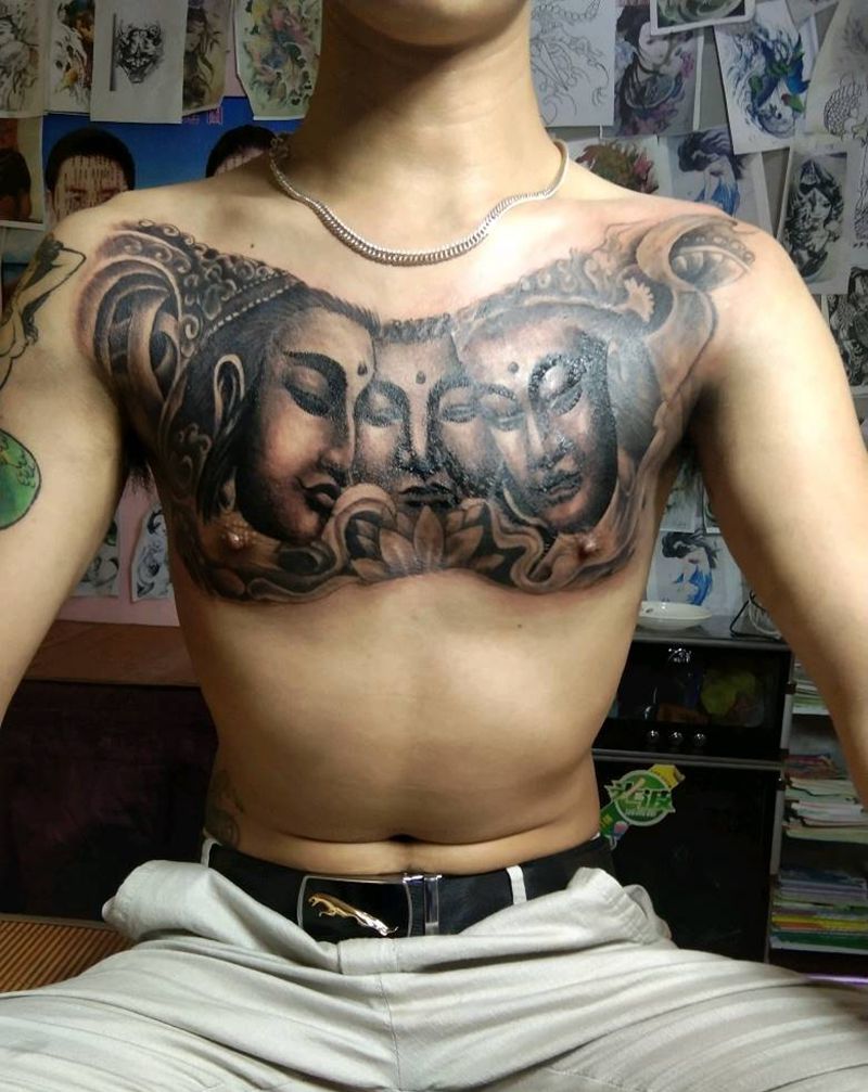 三面佛纹身图片_胸部纹身图案