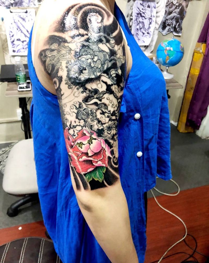 牡丹 遮盖未完纹身图片_肩部新传统纹身图案