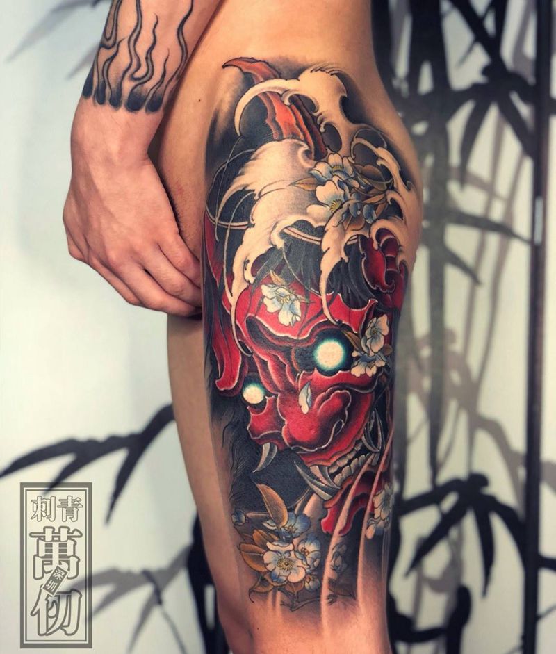 红面般若！纹身图片_成品腿部传统人物纹身图案