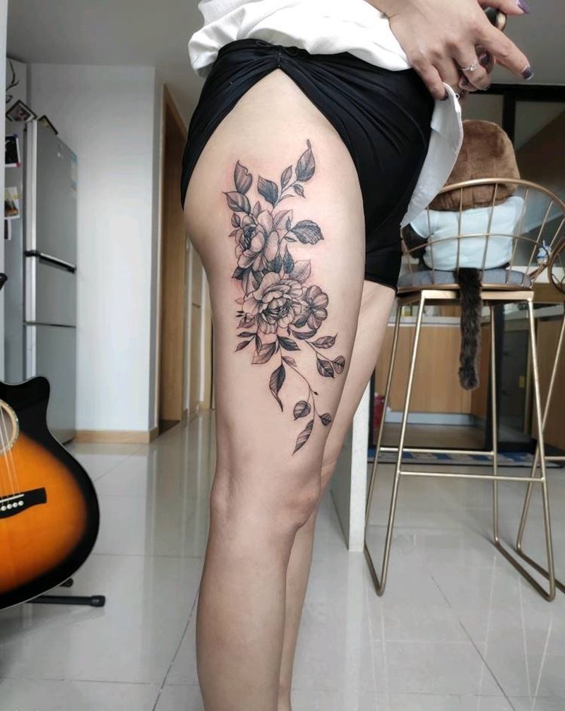 素花纹身图片_腿部点刺纹身图案