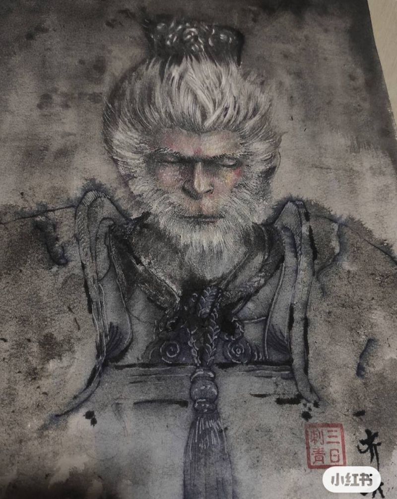 齐天手稿纹身图片_腿部背部水墨纹身图案